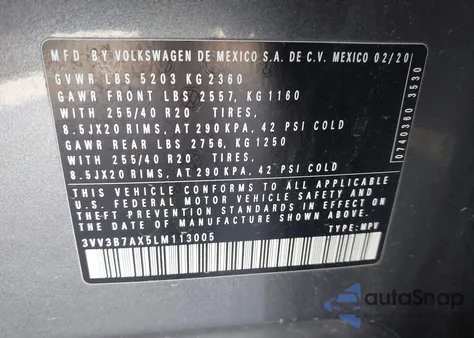 2020 Volkswagen Tiguan 2.0T Se/2.0T Se R-Line Black/2.0T Sel из США, поврежденный, VIN 3VV3B7AX5LM113005